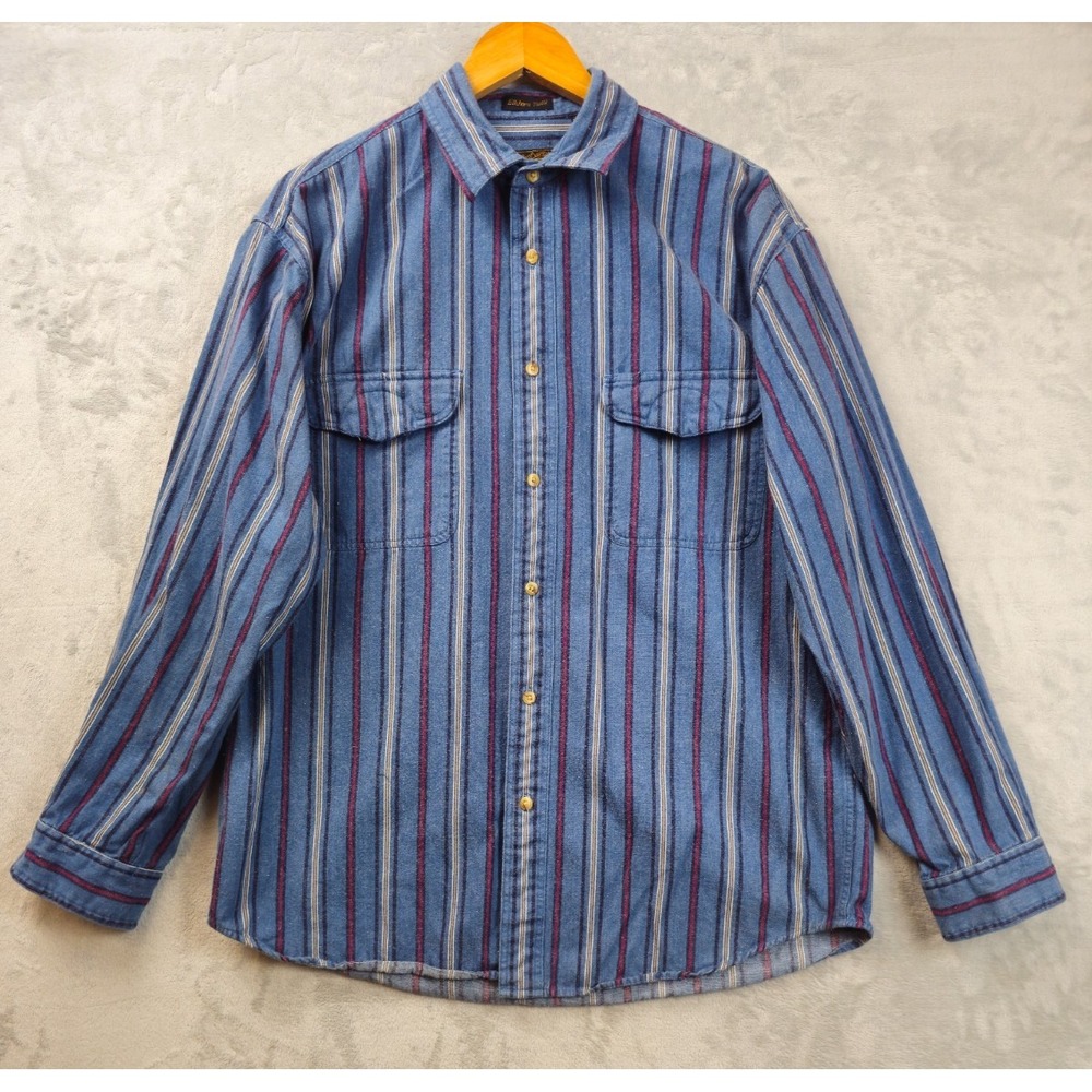 Vintage Eddie Bauer Elkhorn Twill Shirt Mens Large Blue Striped Pockets 90s